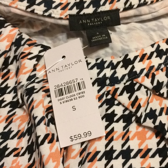 Ann Taylor Houndstooth 3/4 Sleeve Top Black Orange - Picture 5 of 8